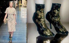 DOLCE & GABBANA F/W 2012 Black Lace Gold Filigree Embroidered Bootie Sz 41