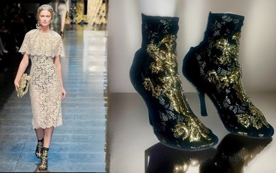DOLCE & GABBANA F/W 2012 Black Lace Gold Filigree Embroidered Bootie Sz 41