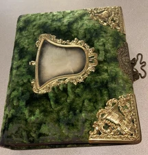 Antique Victorian Velvet Photo Album W/ Brass Trim And Beveled Mirror, 51 Photos