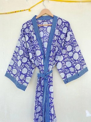 Indian Cotton Blue Floral Kimono Robes Women's Clothing Stripe Collar Kimonos US