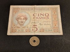 French Madagascar 1937 5 Franc Banknote, Collectible, Slightly Worn