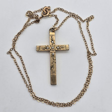 Vintage 12k Gold Filled Leaf Engraved Rhinestone Religious Cross & Necklace 18"