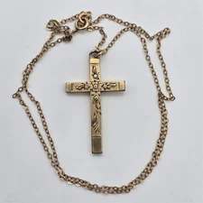 Vintage 12k Gold Filled Leaf Engraved Rhinestone Religious Cross & Necklace 18"