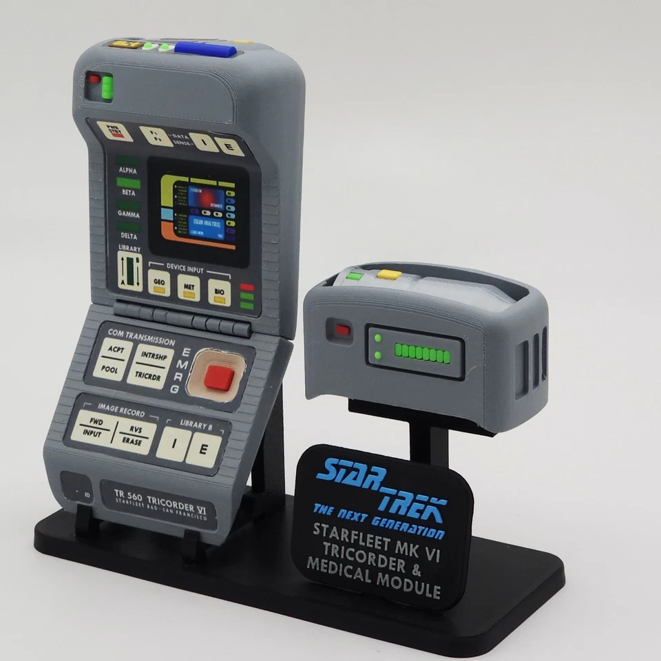 Star Trek TNG Mk VI Tricorder Impreso en 3D Hecho por Ventilador Prop con Módulo Med y Soporte Foto 3 de 4