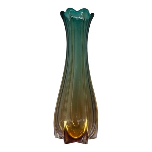 Vintage Murano Venetian Glass Sommerso Art Vase Amber Teal Gradient Star MCM