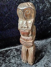 Vintage Hand Chip Carved New Zealand Maori Wooden Tiki Paua Shell Eyes Maori