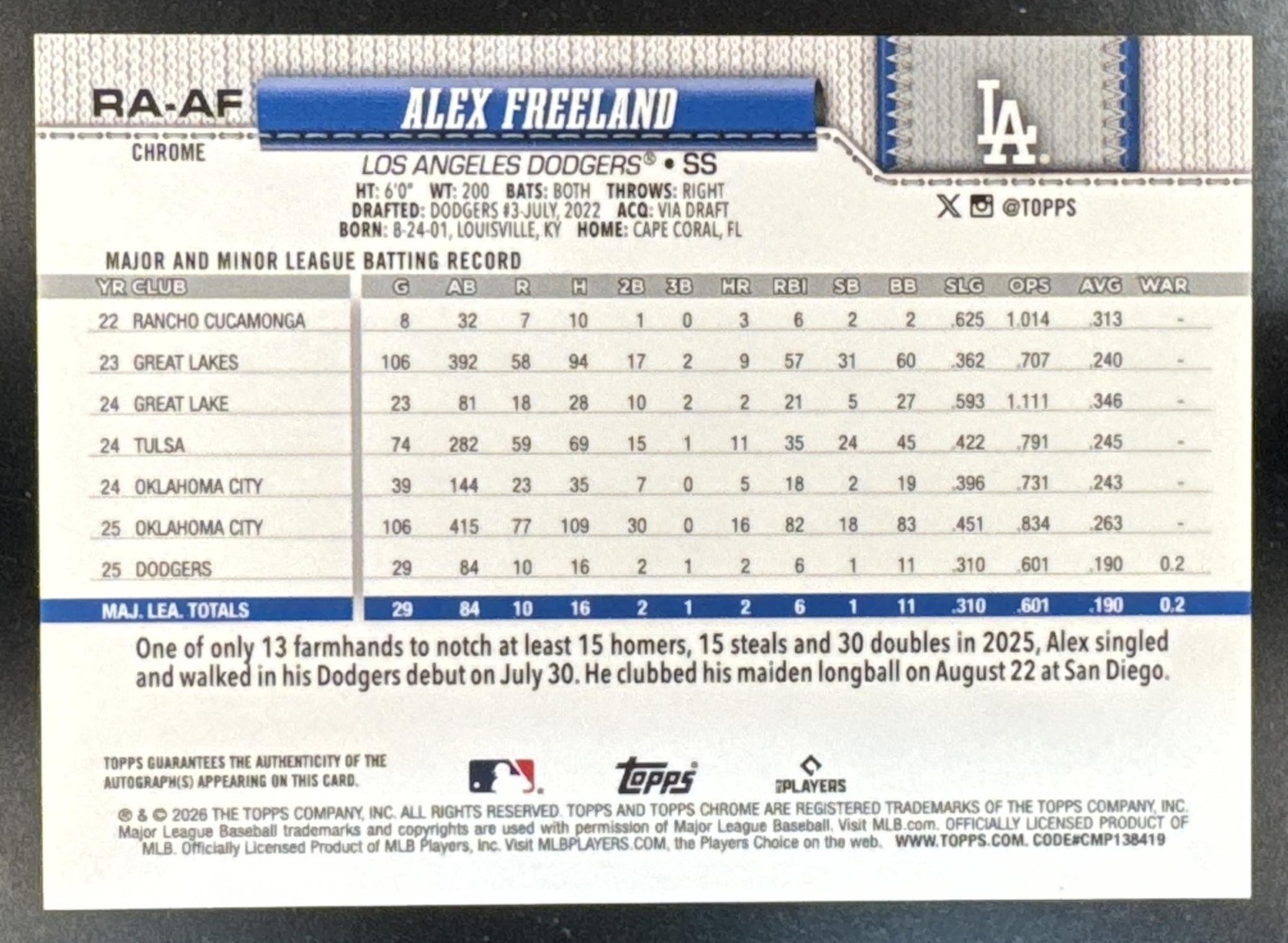 2026 Topps Chrome LogoFractor Alex Freeland #RA-AF Rookie Auto Gold 22/50 RC view 2