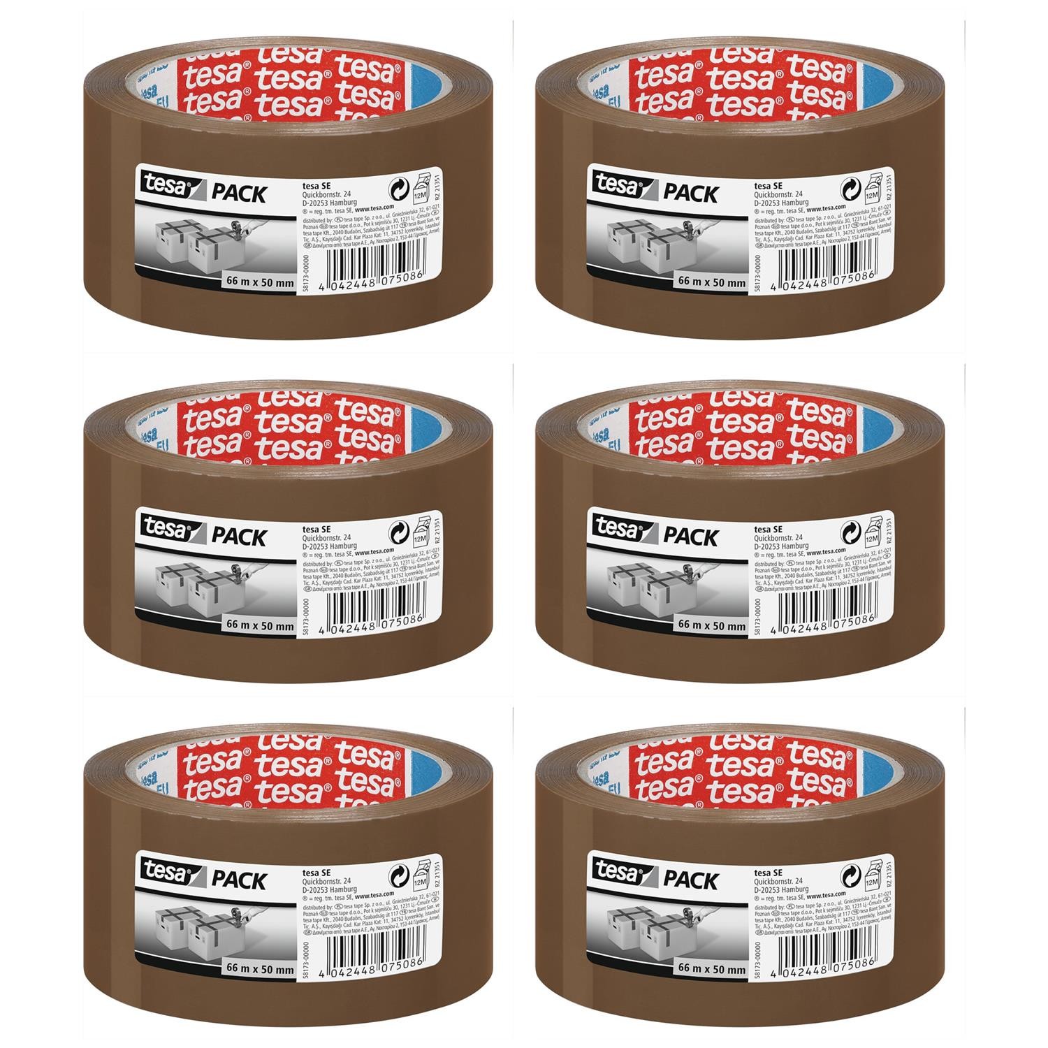 tesapack Ruban Adhésif Brun Emballage Carton Lot de 6 Rouleaux PP 66m x 50mm tesa 58173-00000