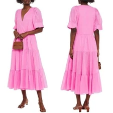 RHODE Gina Tiered Cotton Midi Wrap Dress In Pink XS