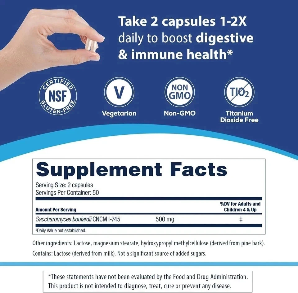 Florastor 250 mg Daily Probiotic Supplement - 100 Vegetarian Capsules - Image 3 of 3