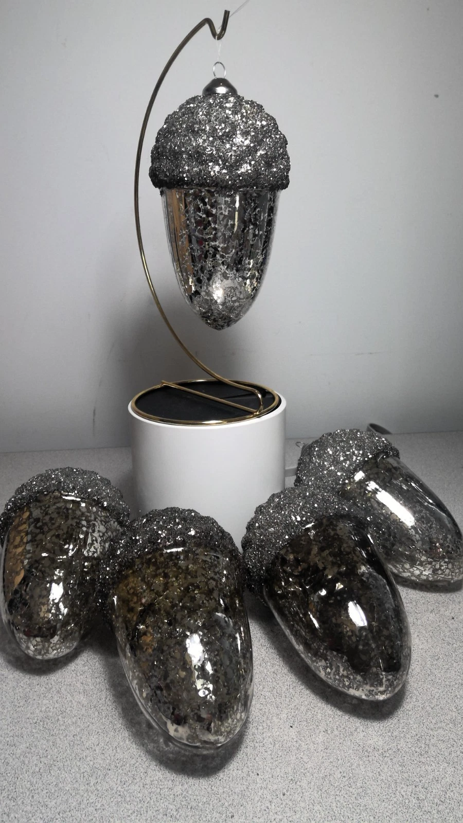 Set Of 5 Kugel Style Acorn Mercury Glass Ornaments 5" Silver w Glitter Caps