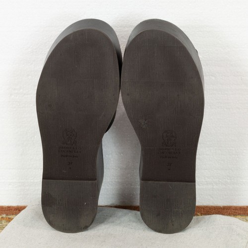 $1195 BRUNELLO CUCINELLI LEATHER SLIDE WEDGE PLATFORM SANDALS WITH MONILI 37 - Picture 6 of 6