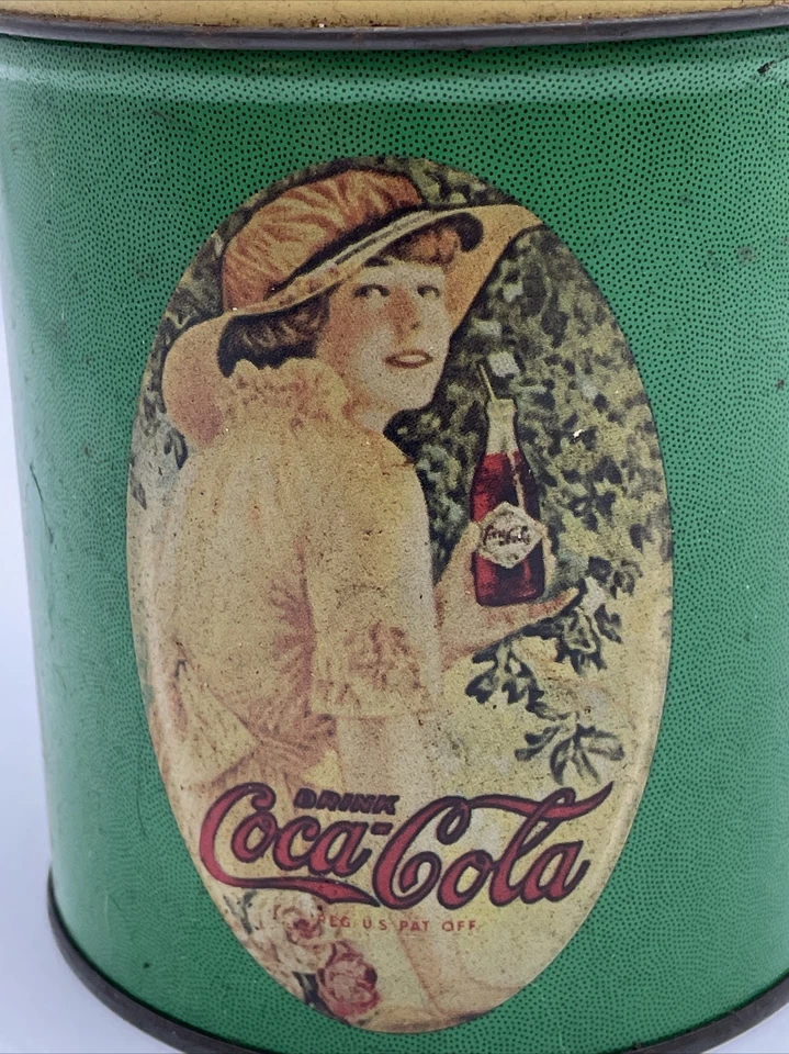Vintage Coca Cola Round Tin Container Green Can Yellow Lid Victorian Lady Coke - Image 2 of 4