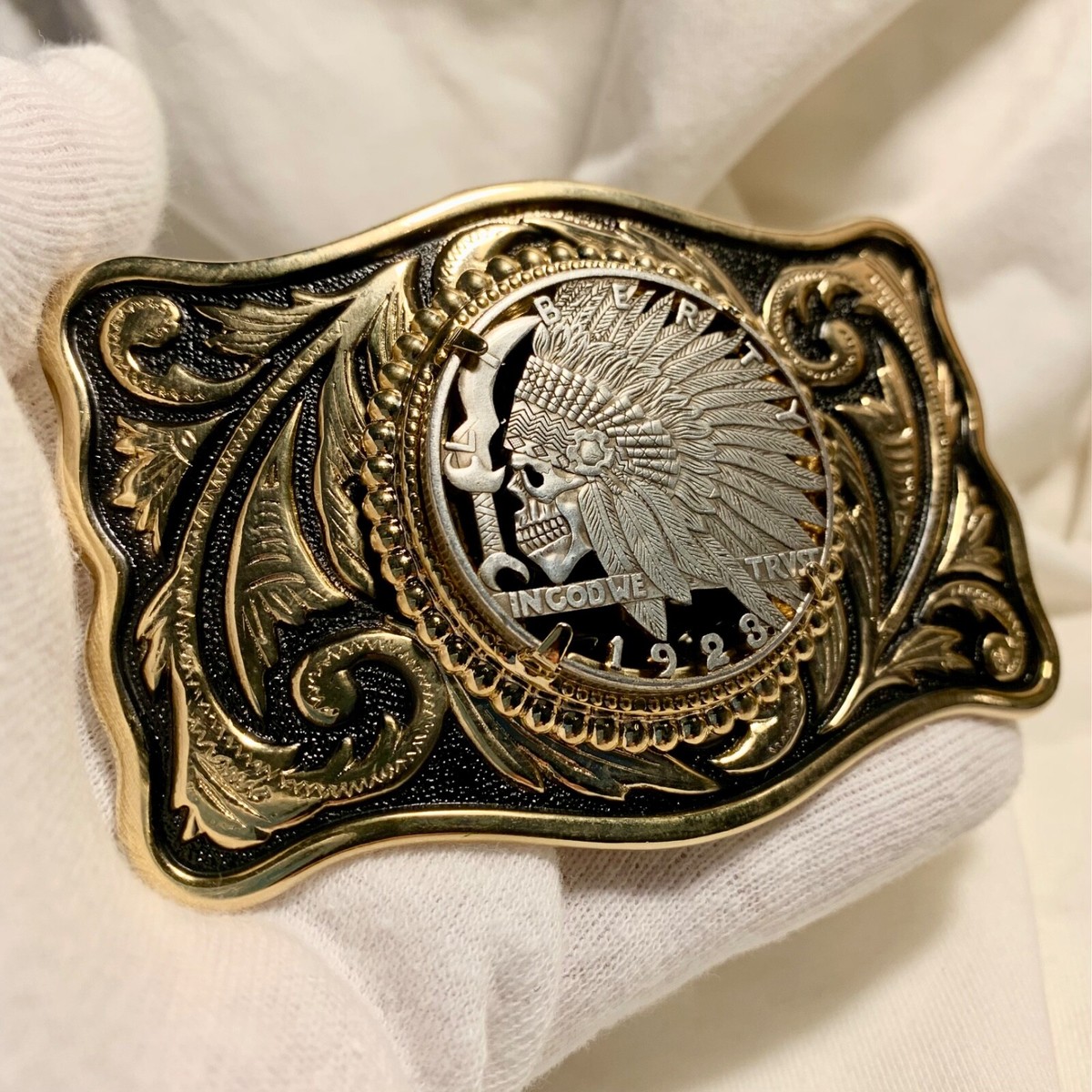 Unique Indian Warrior Skull Hobo Nickel Cut Out Coin Belt 