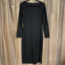 SHEIN Prive Black Long Sleeve Ribbed Square Neck Split Thigh Dress, Large
