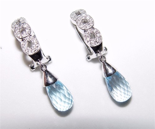 Pendientes de diamantes Blue Topacio Briolette 9,44 quilates y 0,31 quilates 32 mm 14 k - Imagen 5 de 10