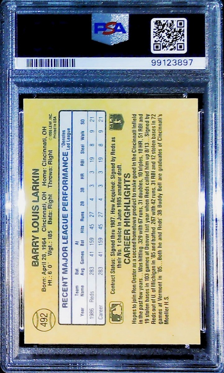 1987 DONRUSS #492 BARRY LARKIN ROOKIE CARD CINCINNATI REDS PSA 10