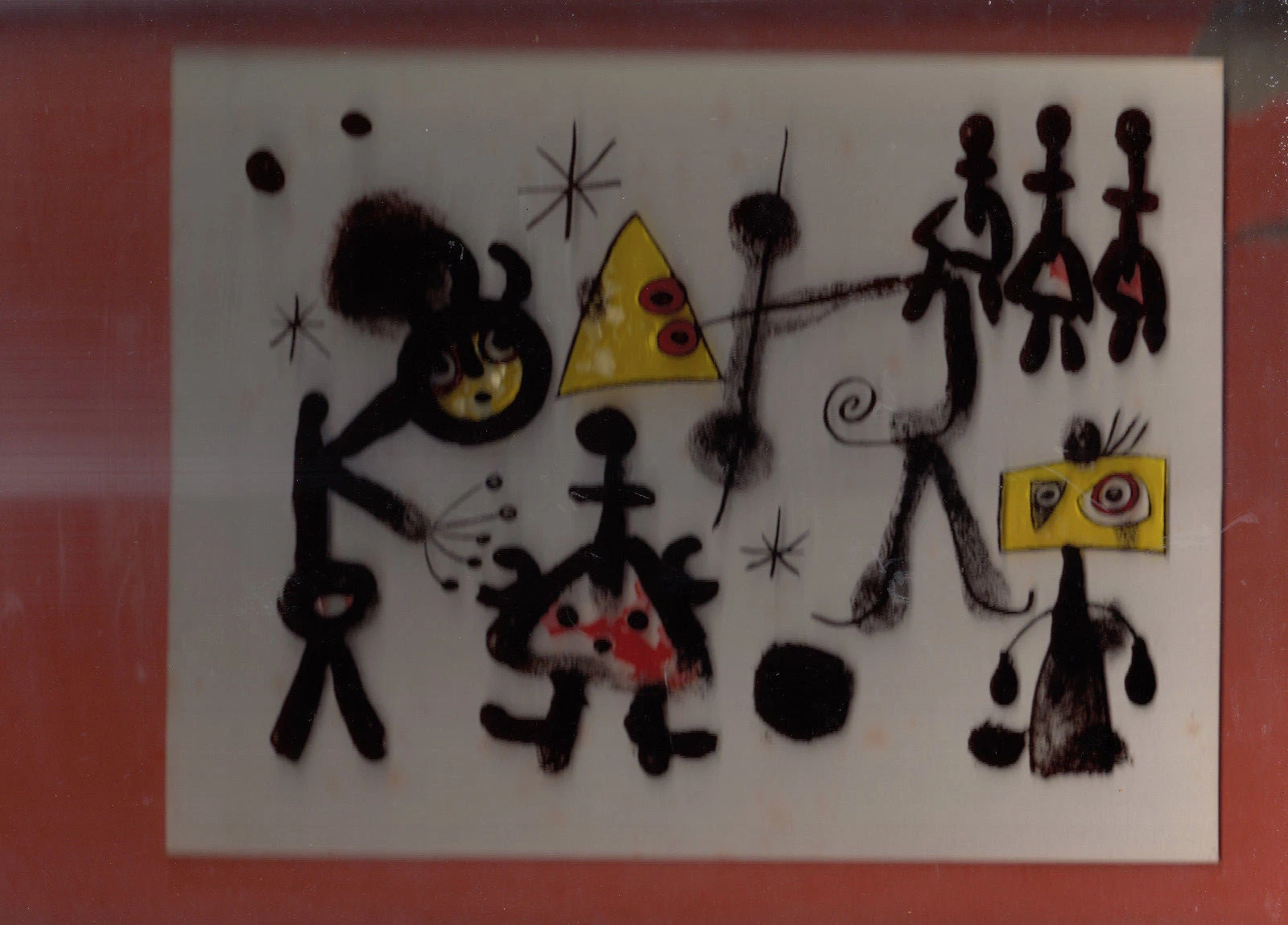 Lucid Line reproductions on glass 1974 . Juan Miro 14" x 11 " ABSTRACT