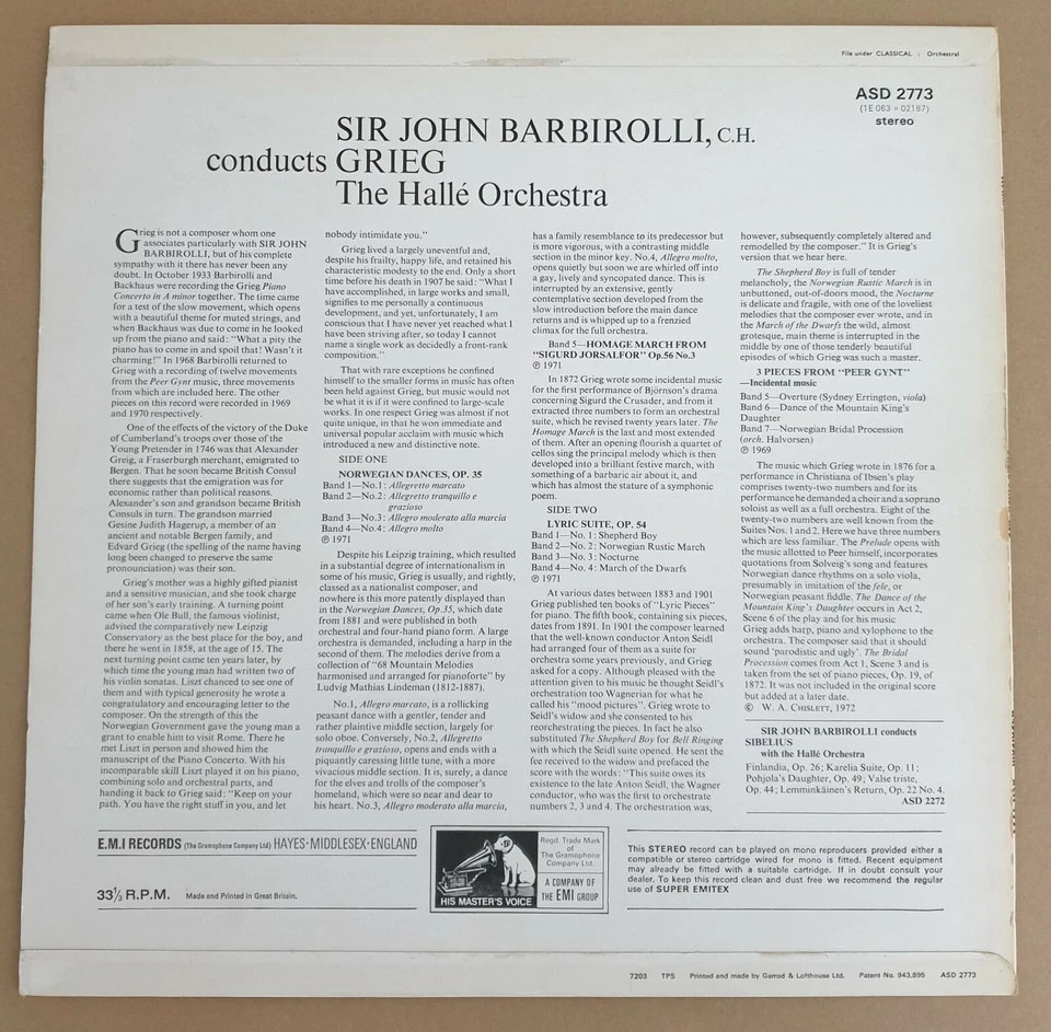 ASD 2773 Barbirolli conducts GRIEG, EMI Rare First Edition - Low Stampers - Image 2 of 4