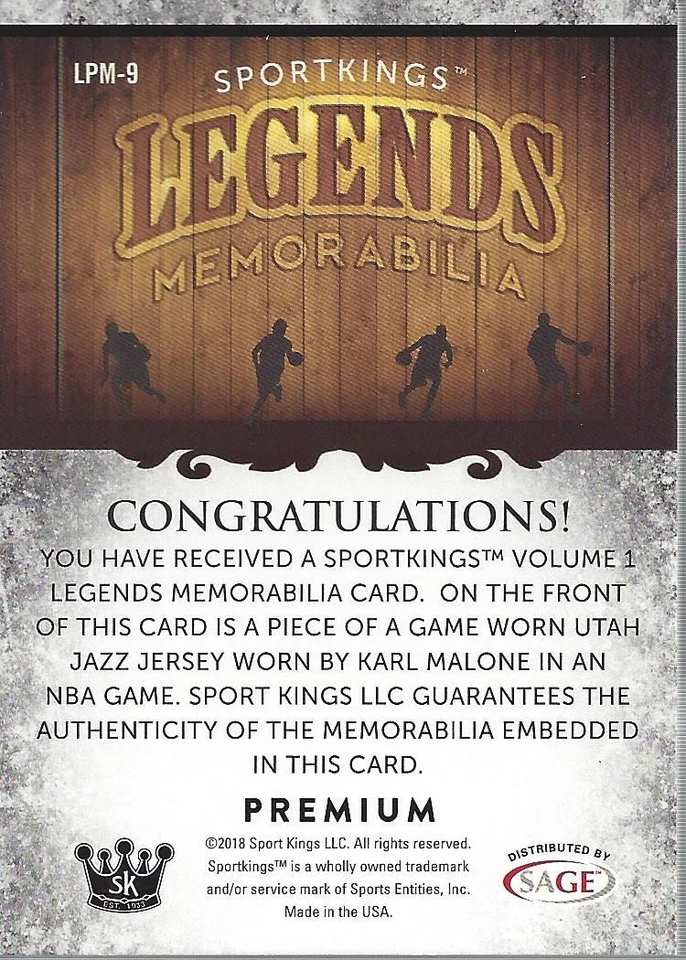 2018 Sportkings Legends Premium Memorabilia #LPM9 Karl Malone - NM-MT - Image 2 of 2