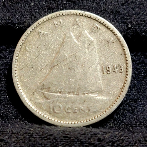 1943 Canada 10 Cents (80% Silver) Coin King George VI  GOOD BOOK FILLER