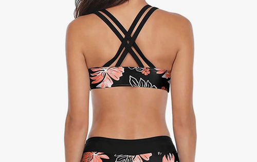 NWT Womens Yonique Black Floral Print Strappy Bikini Swim Top - Sz XXL - Afbeelding 2 van 5