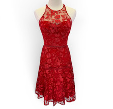 Davids Bridal Studio Red Floral Embroidered Lace Halter Fit & Flare Dress Size 4