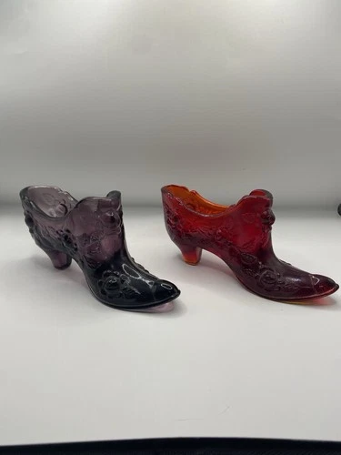 Fenton Purple & Red Glass Slipper Shoe Floral Design Stamped