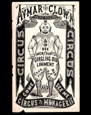 1800's - Aymar Circus Clown Merchants Oil Liniment Bottle Ad Ambigram Trade Card