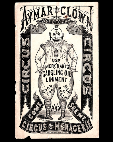 1800's - Aymar Circus Clown Merchants Oil Liniment Bottle Ad Ambigram Trade Card