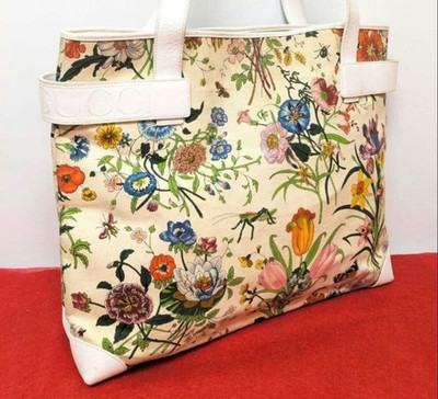 Old GUCCI Flora Floral Pattern White Canvas Leather Authentic Tote Shoulder Bag