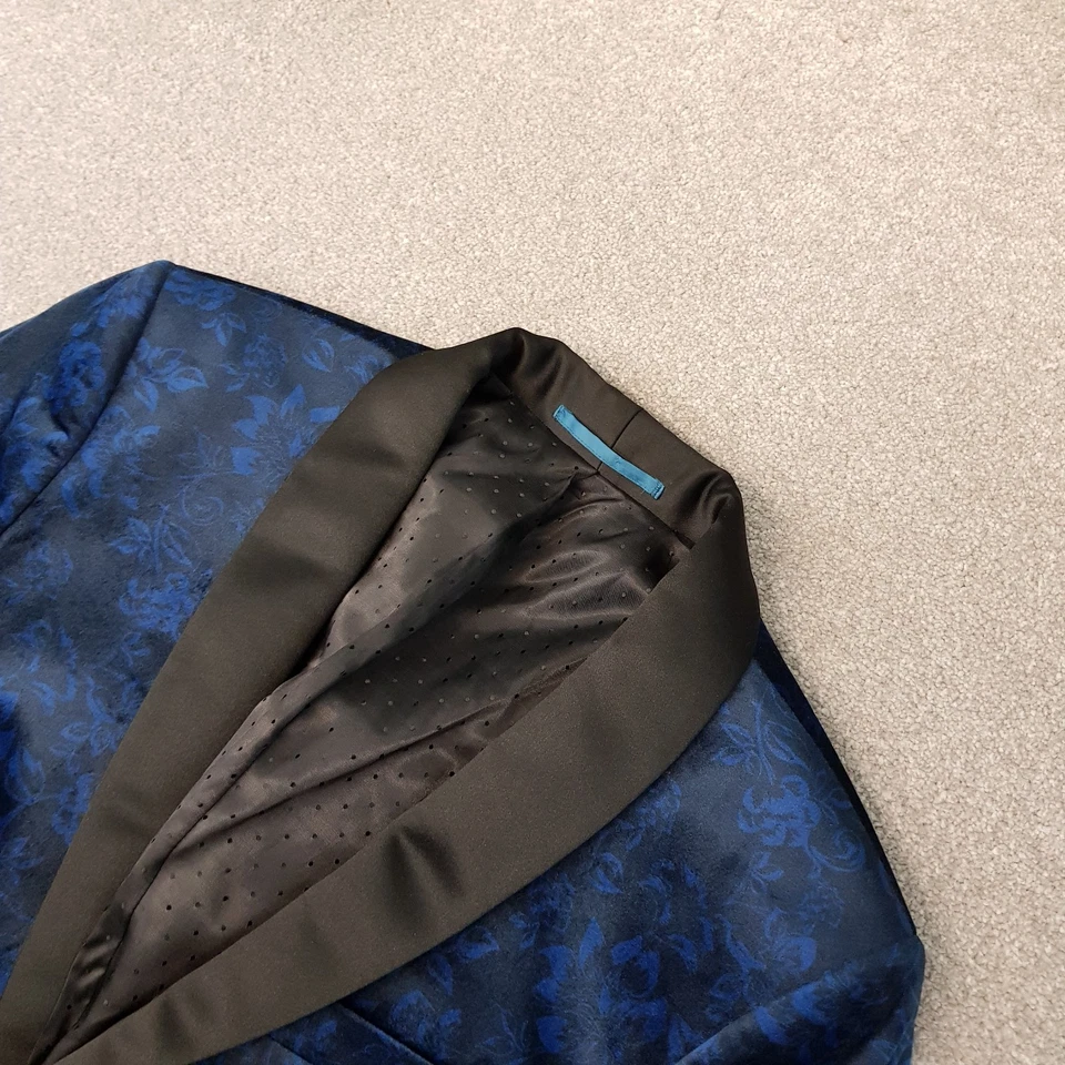 Next Mens Jacket 38S Blue Velvet Skinny Tuxedo Smoking Blazer Satin Lapel Floral - Image 2 of 4