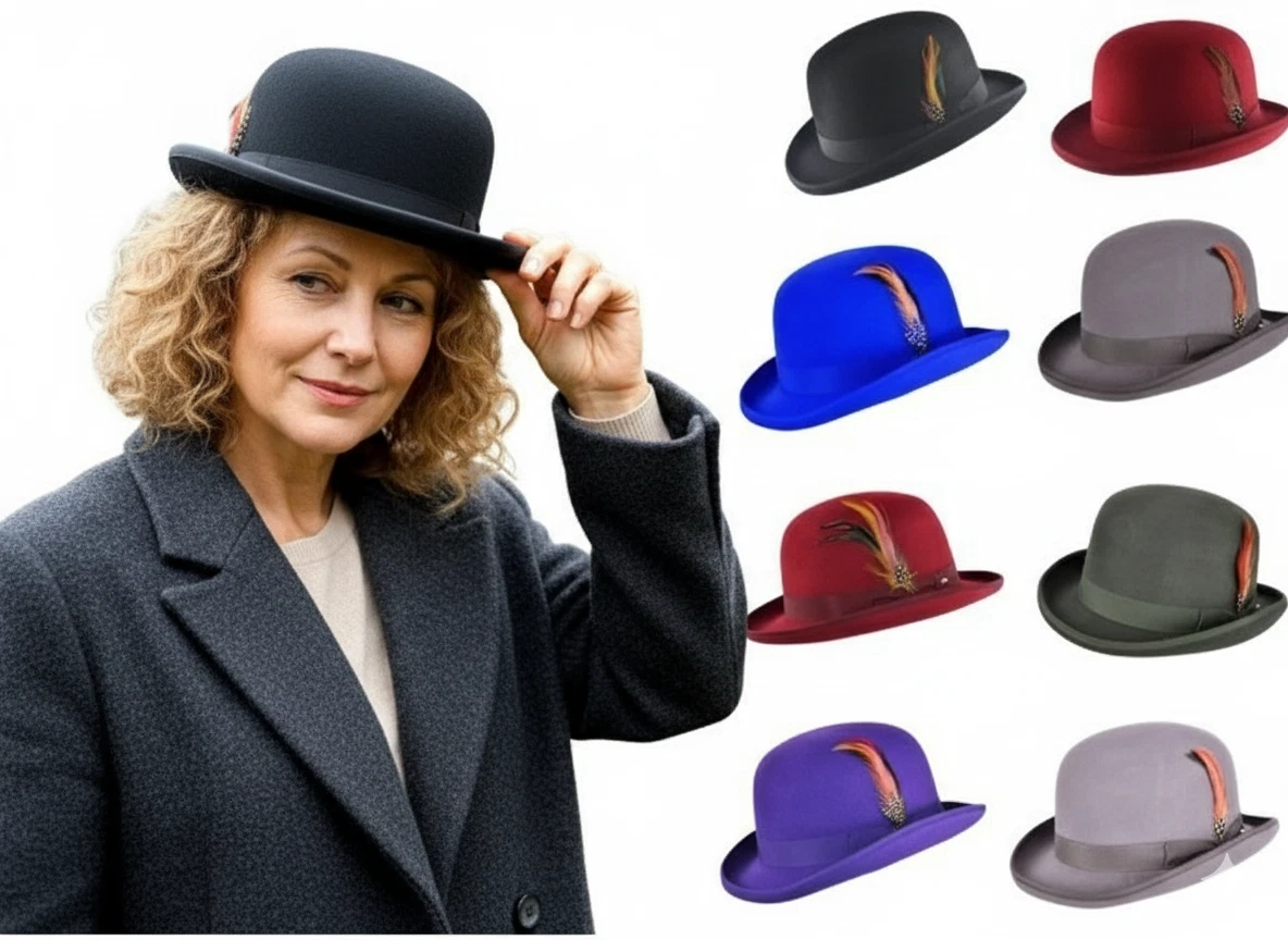 100% Wool Bowler Hat High Quality with Removable Feather Satin Lined