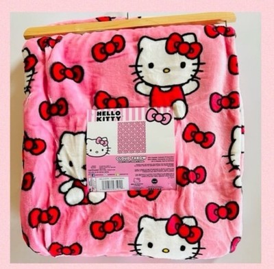 HELLO KITTY Pink With Red Bows Oversized Soft Plush Blanket Cloud Throw Comfort