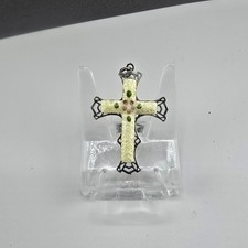 Vintage Estate Cross Pendant Yellow Enamel Floral Guilloche Silver Tone 1.25in