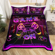 Gaming Bedding Set Gamer Neon Purple Pink Comforter Cover for Boys Girls Hipp...