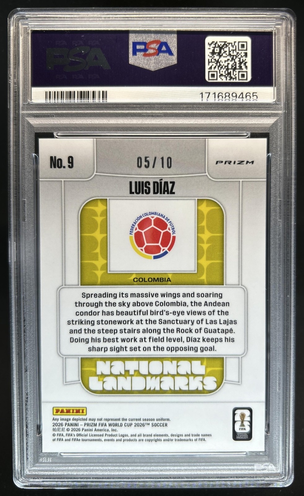 2026 Panini Prizm World Cup Luis Diaz National Landmarks Gold SSP #/10 PSA 10 view 2