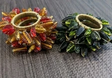 Crate & Barrel Napkin Ring Holders Glass Beaded Set Of 6 Leaf Shape Bohemian