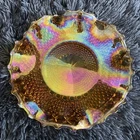Vintage Indiana Carnival Glass Marigold Amber Diamond Point Ruffled Bowl 10"