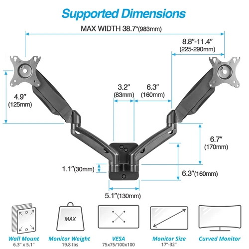 Dual 17"-32" Monitor Wall Mount fits Two 19.8 lbs Flat/Curved Computer Monito... - Picture 2 of 7