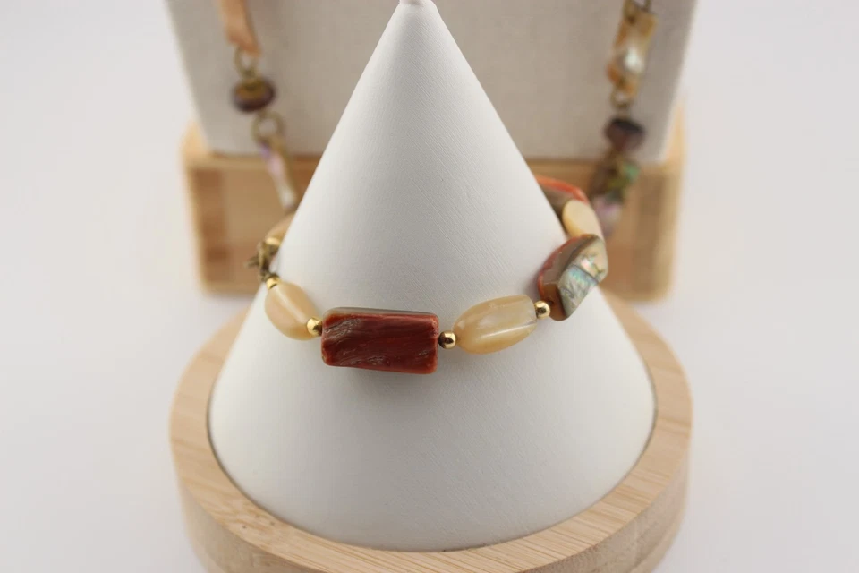 Old vintage taupe brown abalone shell necklace and matching bracelet 28 inch - Image 2 of 4