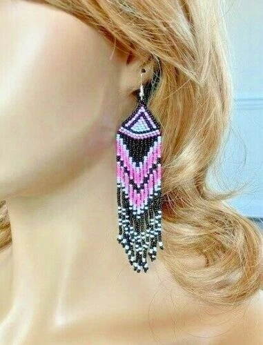 NUEVOS PENDIENTES DE GANCHO ESTILO NATIVO NEGRO ROSA CON CUENTAS HECHOS A MANO MODA LARGA E60/21 Foto 2 de 3