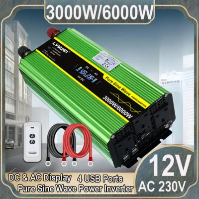 LVYUAN 3000W 6000W Pure Sine Wave Power Inverter 12V to 240V 4USB 3AC LCD Car Converter