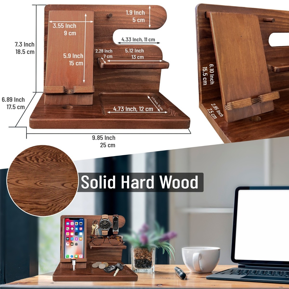 Wood Phone Docking Station Desk Organizer Key Holder Wallet