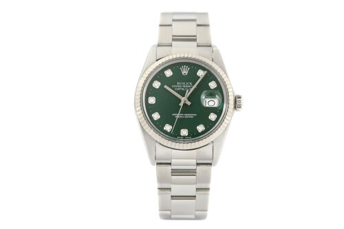 Rolex Mens Datejust 16014 18K White Gold Steel Green Diamond Dial Watch - Picture 2 of 8