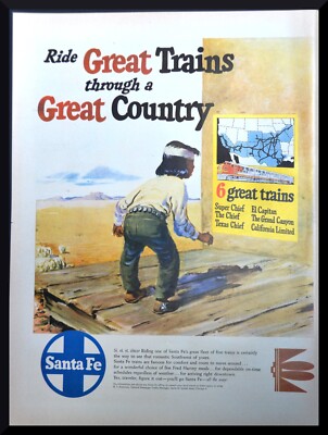 1950 Advertising Santa Fe Lines 6 Trains Indian Boy Railway Color Print Ad