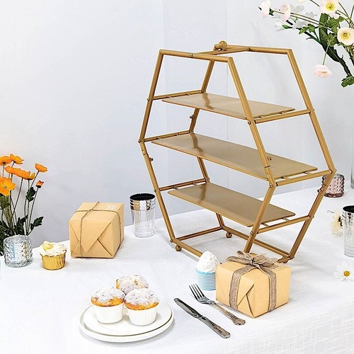 21" Gold 3 Tier Metal Hexagonal CUPCAKE HOLDER DISPLAY STAND Party Decorations - Picture 8 of 9