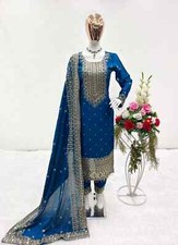 Classic Look Chinnon Silk Blue Salwar Kameez And Dupatta For Women  Girls