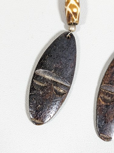 Silver Tone Brown Wood Tribal Style Mask Dangle Hook Earrings - Picture 5 of 7