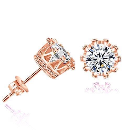 Sexy Sparkles Copper Ear Stud Earrings Cubic Zirconia Inlaid Crown 9mm Rose Gold - Picture 1 of 3